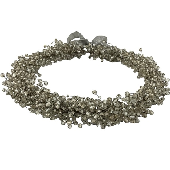 Pottery Barn Clear Glass Bead Wreath with Silver Ribbon Elegant Home Decor 12” - Picture 3 of 7